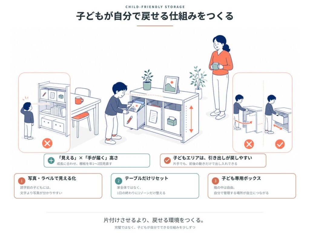 子どもが自分で戻せる収納の仕組み