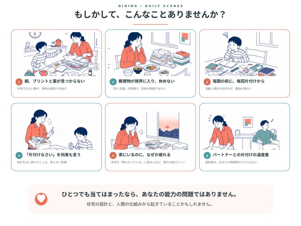 ダイニングの散らかりが表れる、毎日の場面