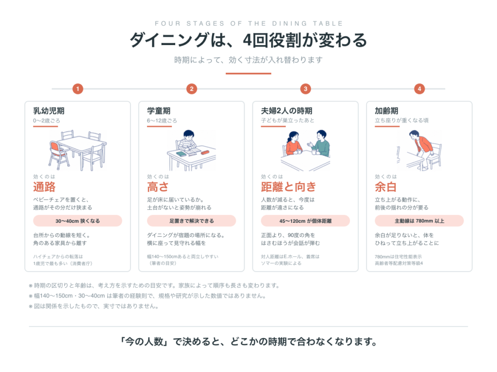 ダイニングは4回役割が変わる。乳幼児期に効くのは通路、学童期は高さ、夫婦2人の時期は距離と向き、加齢期は余白