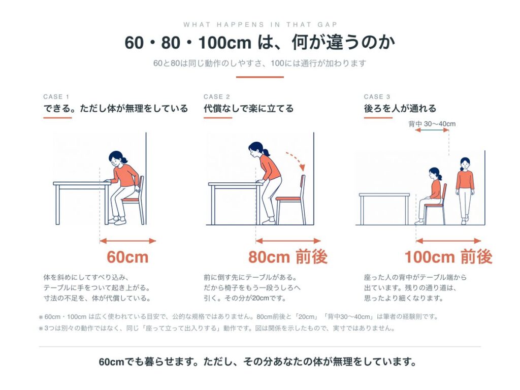 テーブル端から壁までの余白の違い。60cmでは体をひねる代償動作が要り、80cm前後で楽にまっすぐ立ち座りでき、100cm前後で後ろを人が通れる