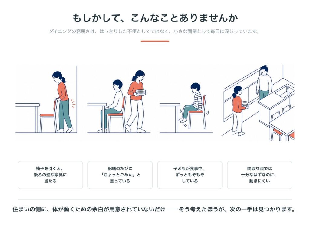 ダイニングの窮屈さが表れる4つの場面。椅子を引くと後ろの壁や家具に当たる、配膳のたびに「ちょっとごめん」と言っている、子どもが食事中ずっともぞもぞしている、間取り図では十分なはずなのに動きにくい