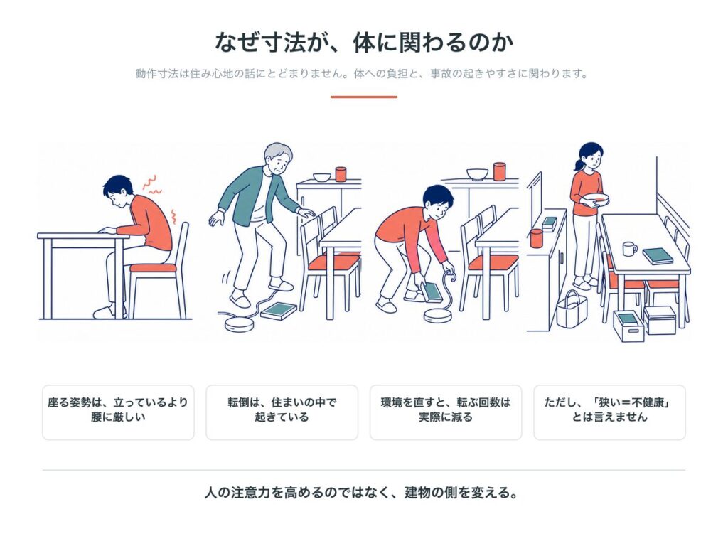 動作寸法が体に関わる4つの理由。座る姿勢は立っているより腰に厳しい、転倒は住まいの中で起きている、環境を直すと転ぶ回数は実際に減る、ただし「狭い=不健康」とは言えない
