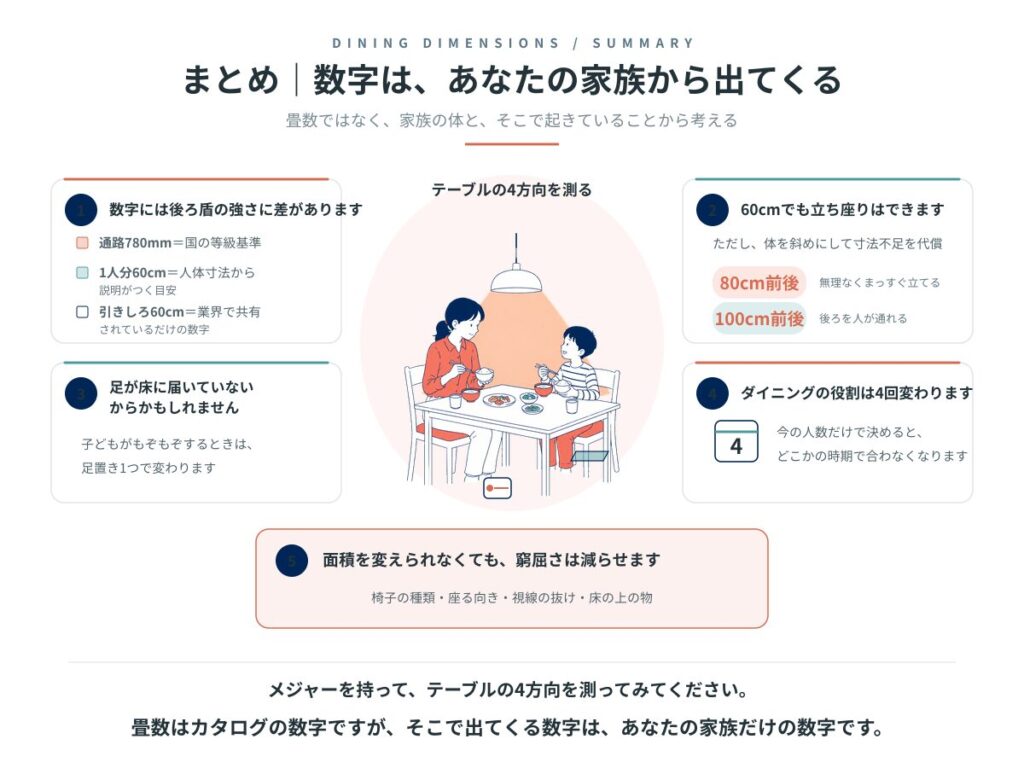 記事のまとめ。数字には後ろ盾の強さに差がある、60cmでも立ち座りはできるが体が代償している、子どもがもぞもぞするのは足が床に届いていないから、ダイニングの役割は4回変わる、面積を変えられなくても窮屈さは減らせる