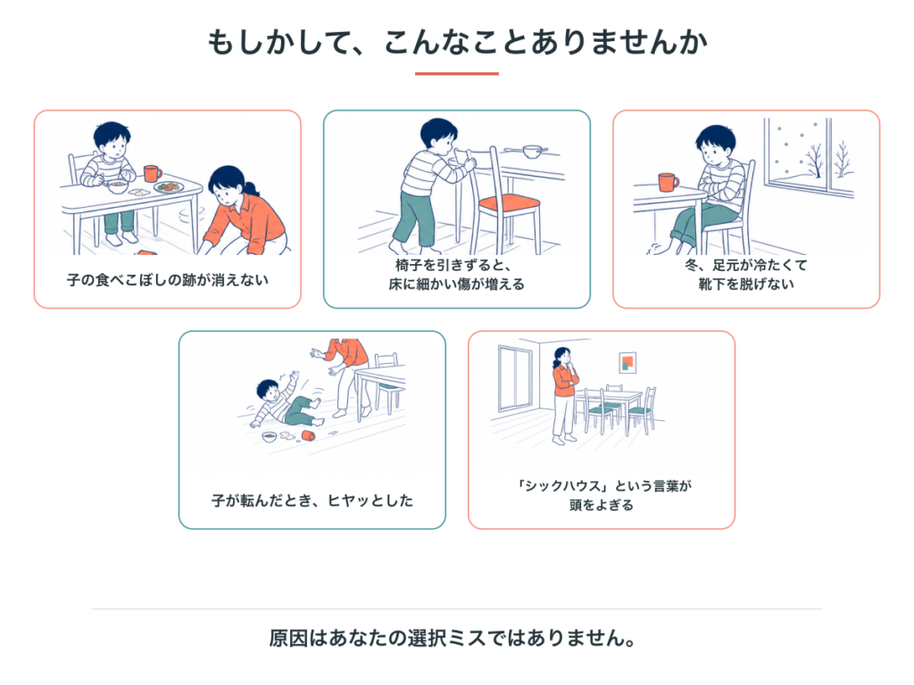 ダイニングの床への5つのモヤモヤ（食べこぼしのシミ・椅子の傷・足元の冷え・転倒のヒヤリ・シックハウス）を並べ、原因は選択ミスではないと示した図