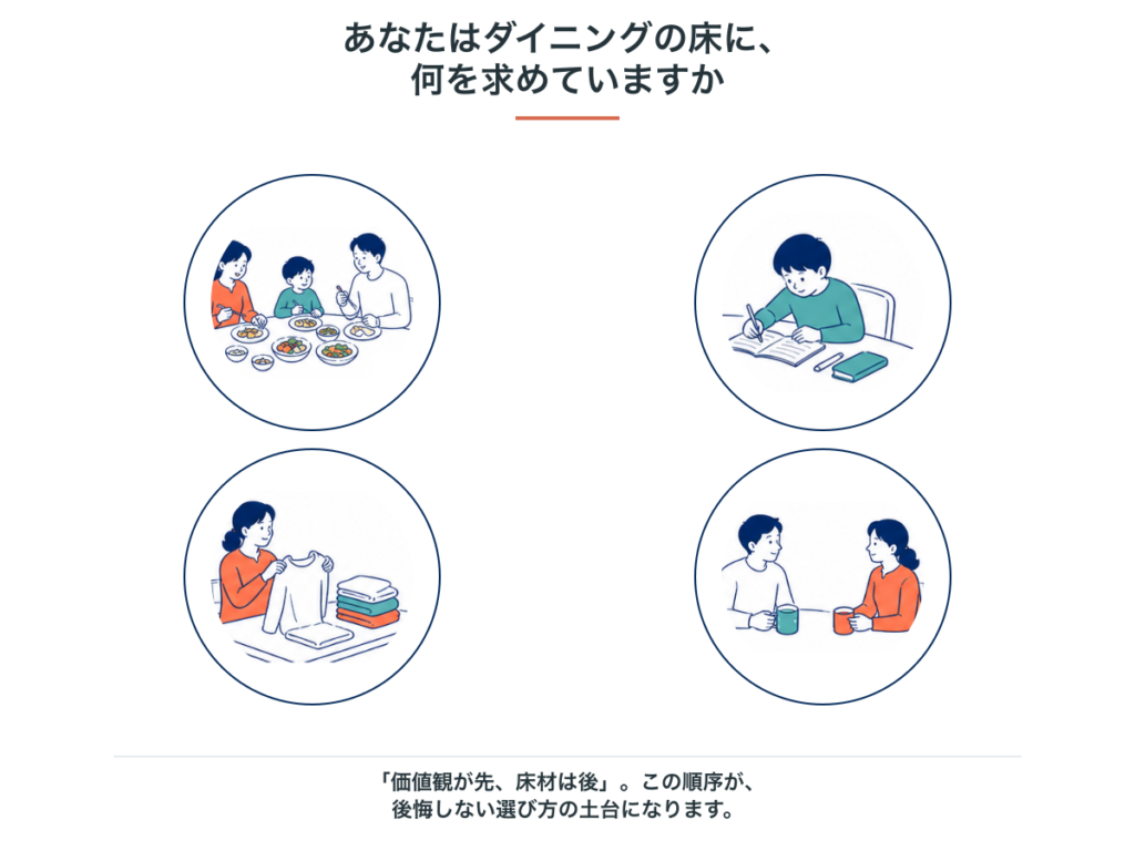 床材を選ぶ前に自分の価値観を棚卸しする5つの問いを示し、「価値観が先、床材は後」の順序を表した図