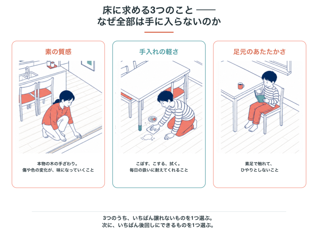 床に求める3つのこと（素の質感・手入れの軽さ・足元のあたたかさ）が互いに引っ張り合い、同時には手に入らないことを示した図
