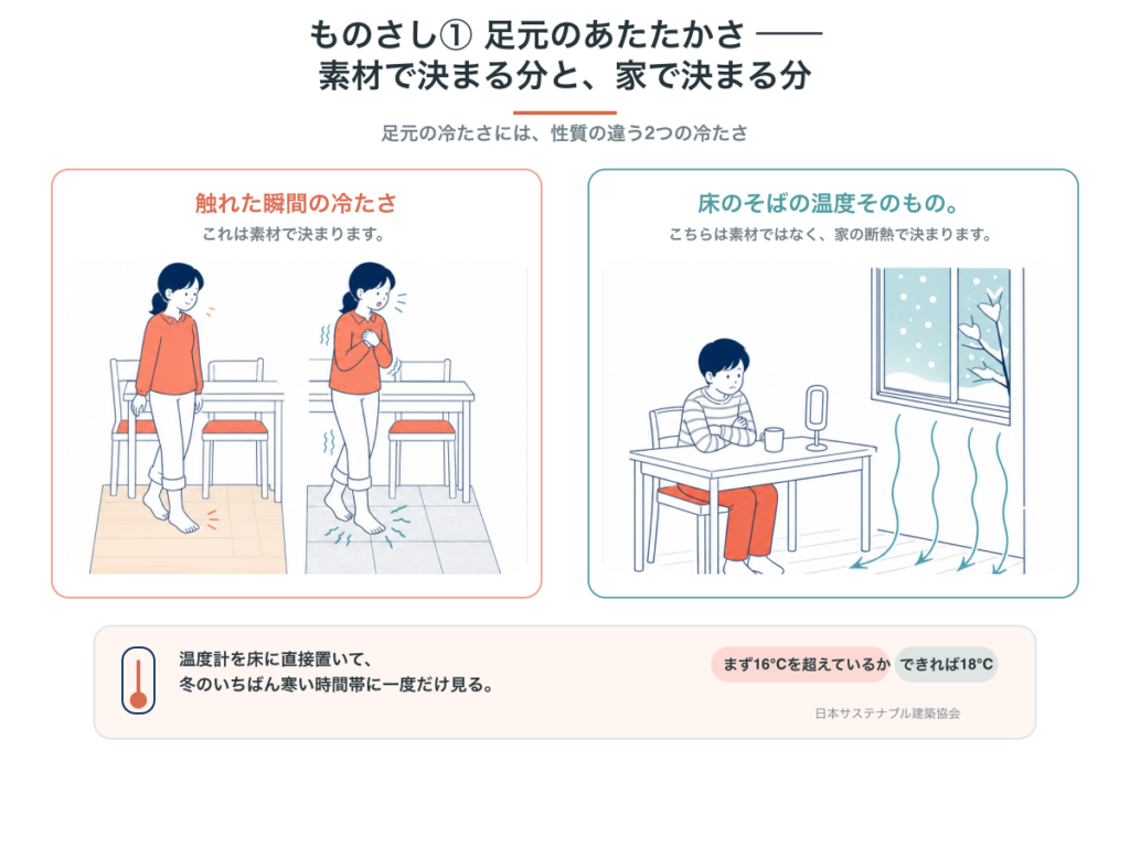 足元の冷たさを、素材で決まる「触れた瞬間の冷たさ」と断熱で決まる「床のそばの温度」に分け、温度計を床に置いて測る方法と目安16℃・18℃を示した図