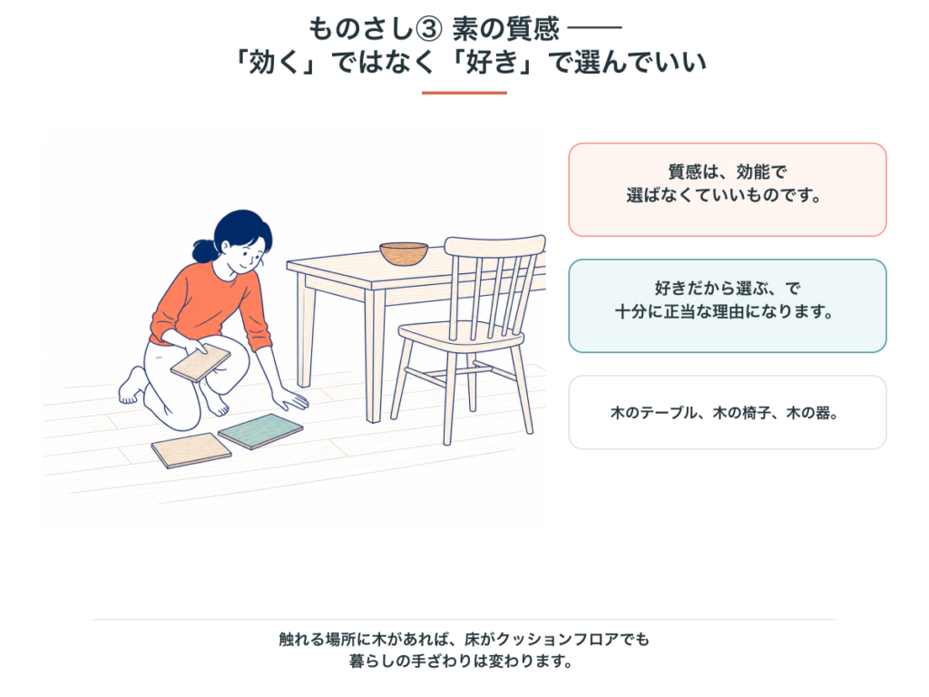 質感は効能ではなく好みで選んでよいこと、木のテーブルや椅子など触れる場所で取り戻せることを示した図