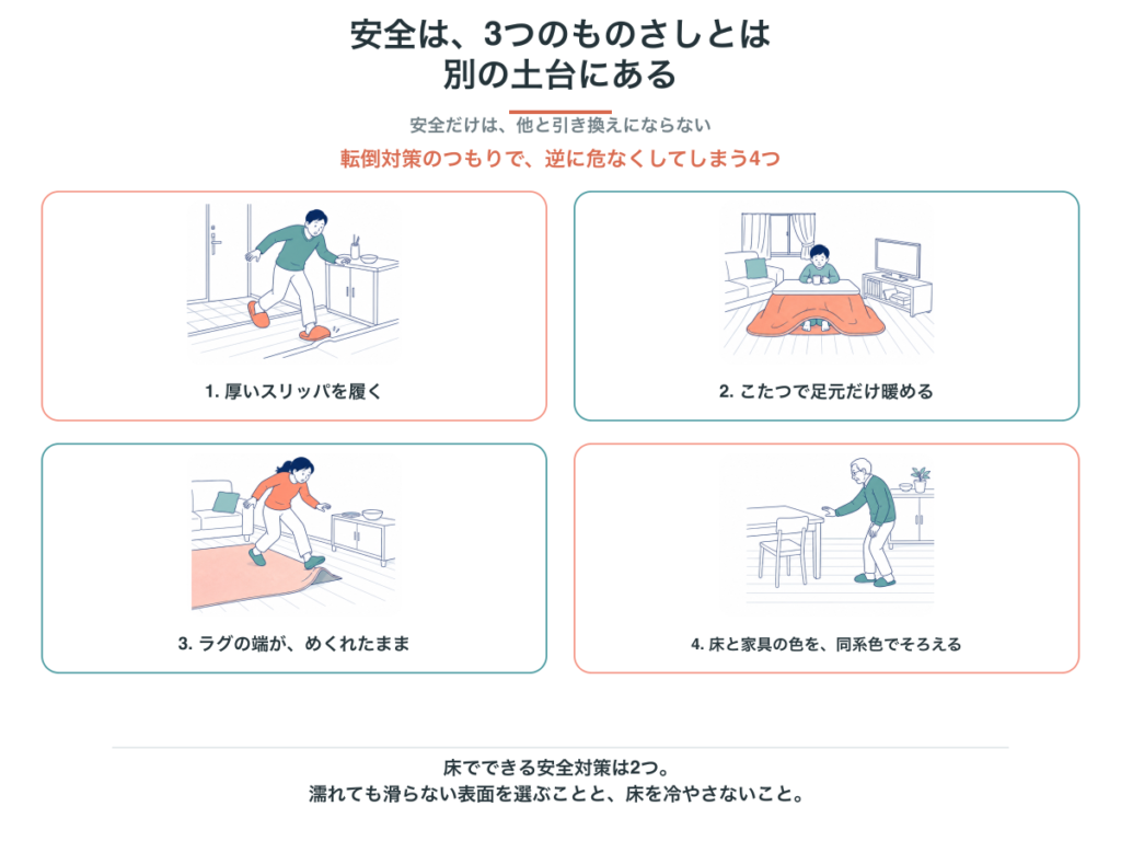 転倒対策のつもりで逆に危なくする4つ（厚いスリッパ・こたつ・ラグの端のめくれ・床と家具の同系色）と、床でできる安全対策2つを示した図