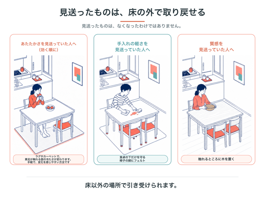 あたたかさ・手入れの軽さ・質感のそれぞれについて、床を張り替えずに取り戻す手当てを示した図