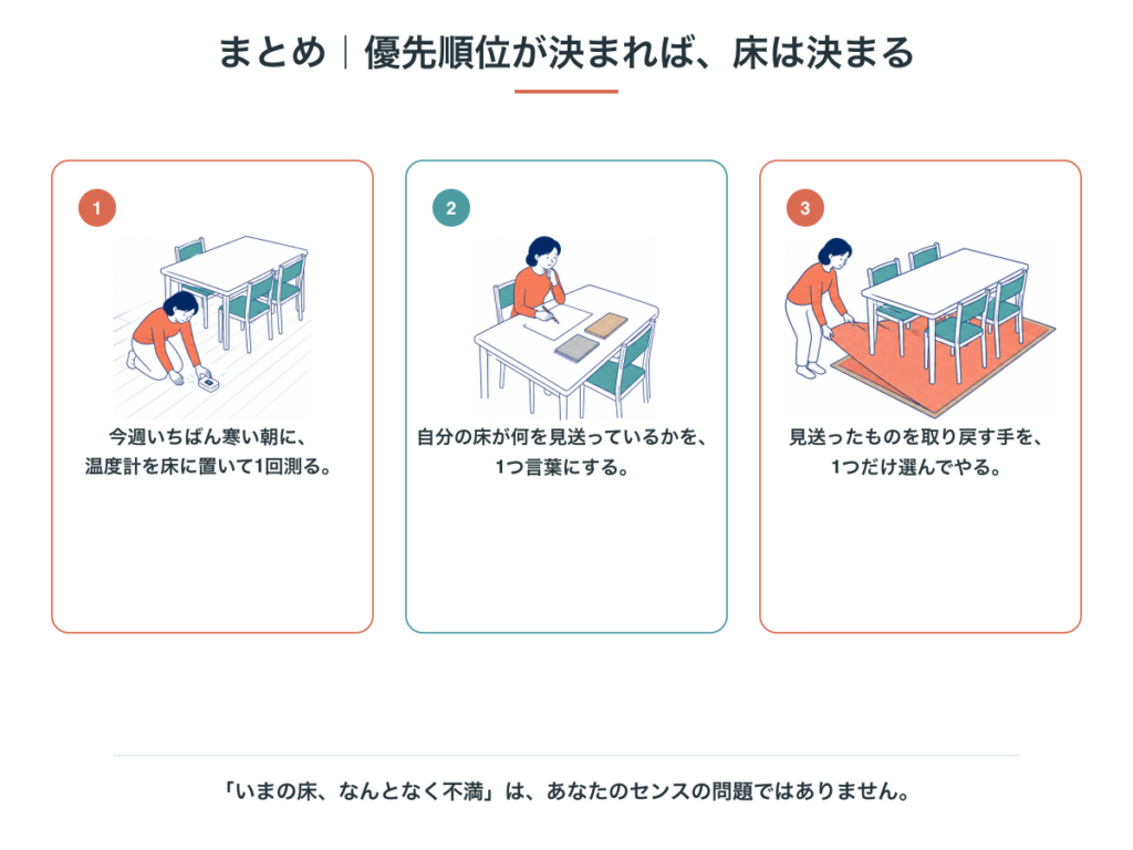 今日からできる3つのこと（床に温度計を置いて測る・見送っているものを言葉にする・取り戻す手を1つ選ぶ）を示した図