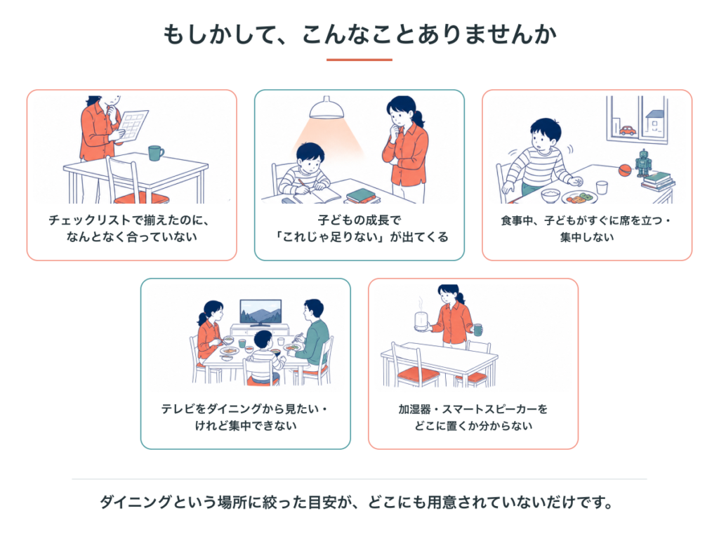ダイニングでよくある5つの場面。チェックリストで揃えたのになんとなく合っていない、子どもの成長で足りないものが出てくる、食事中に子どもがすぐ席を立つ、テレビを見たいけれど集中できない、加湿器やスマートスピーカーの置き場所が分からない