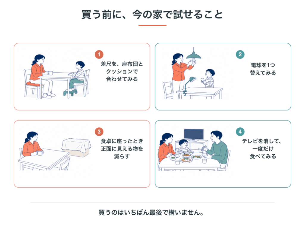 買う前に今の家で試せる4つのこと。座布団とクッションで差尺を合わせてみる、電球を1つ替えてみる、食卓に座ったとき正面に見える物を減らす、テレビを消して一度だけ食べてみる
