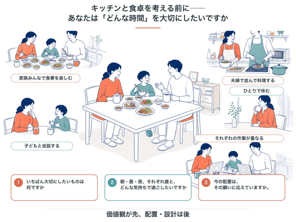 キッチンと食卓で大切にしたい時間の例。家族みんなで食事を楽しむ、子どもと会話する、夫婦で並んで料理する、ひとりで休む、それぞれの作業が重なる