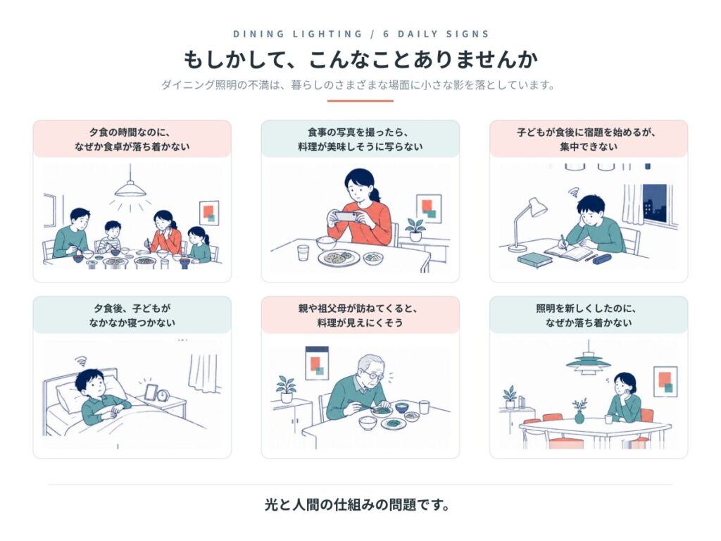 ダイニング照明の不満が現れる6つの日常場面:食卓が落ち着かない、料理が美味しそうに写らない、宿題に集中できない、寝つかない、来客が見えにくい、新しくしても落ち着かない