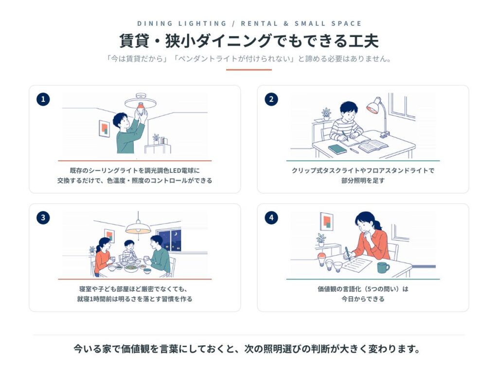 賃貸・狭小ダイニングでもできる4つの工夫:調光調色LED電球への交換、クリップ式タスクライト、就寝1時間前に明るさを落とす習慣、価値観の言語化