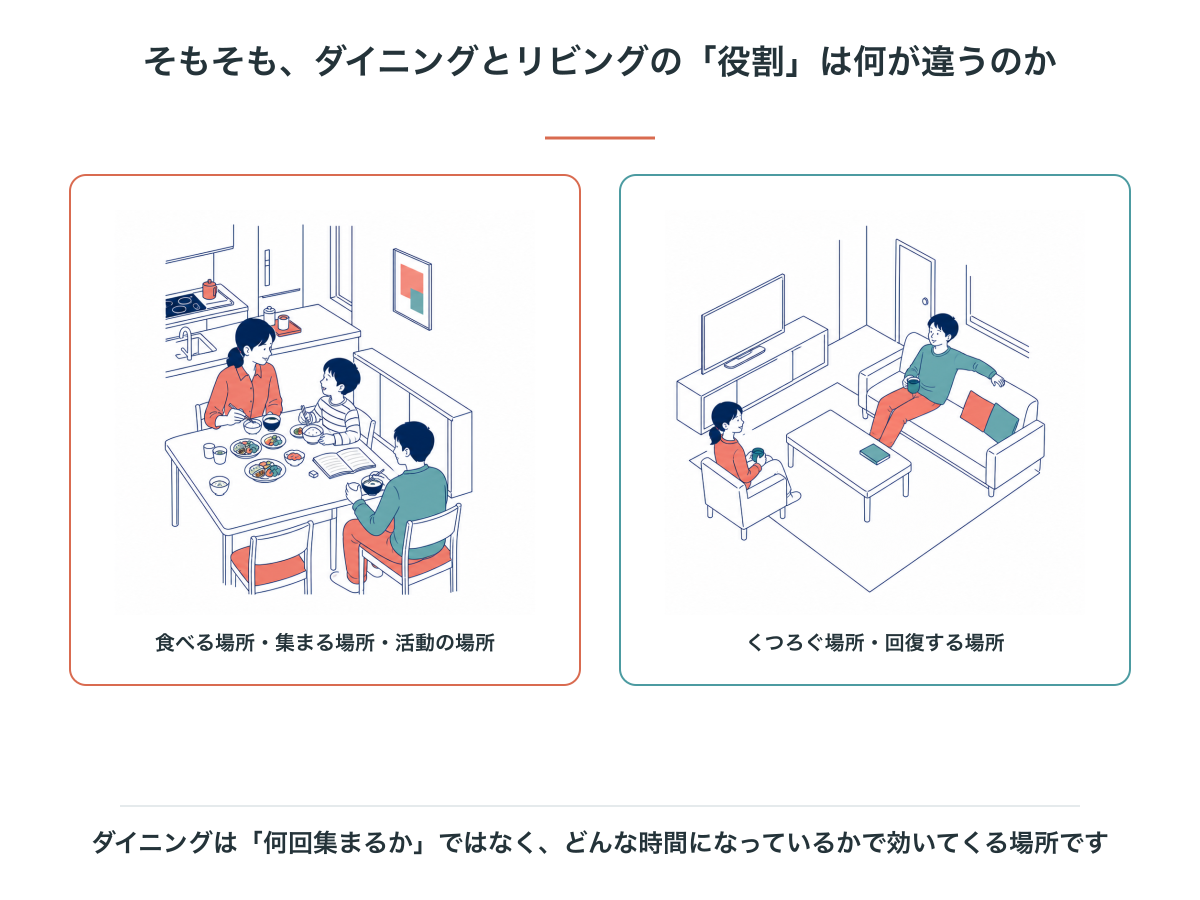 ダイニングは食べる場所・集まる場所、リビングはくつろぐ場所・回復する場所という役割の違い