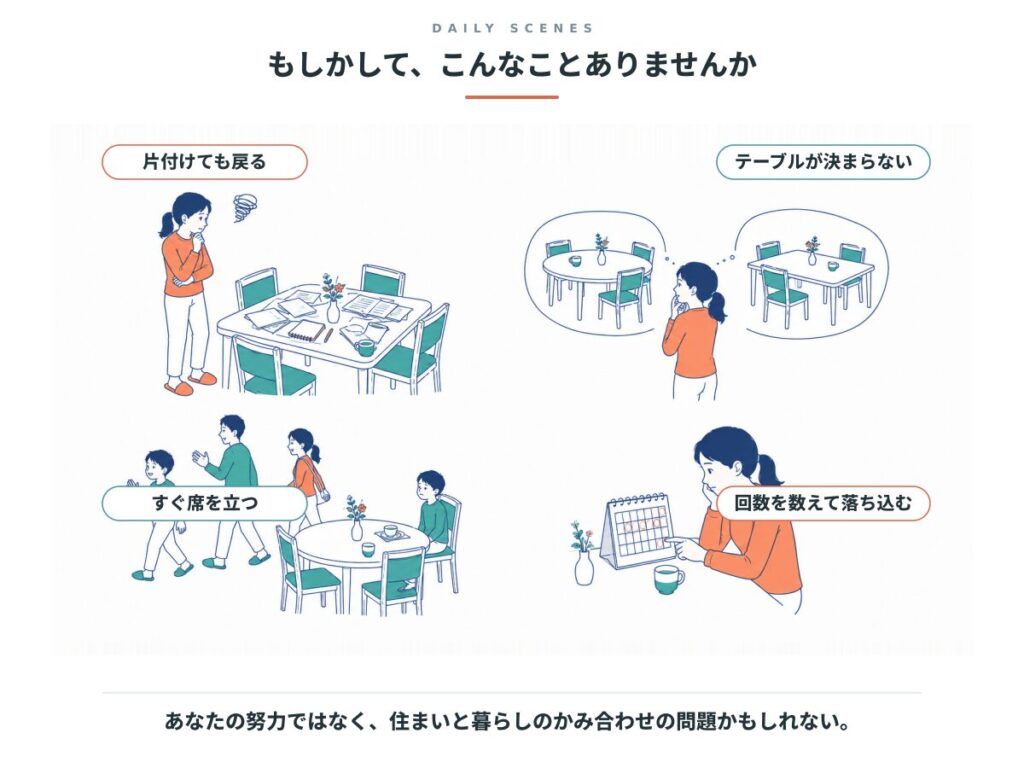 片付けても戻る、テーブルが決まらない、すぐ席を立つ、回数を数えて落ち込む、の4場面