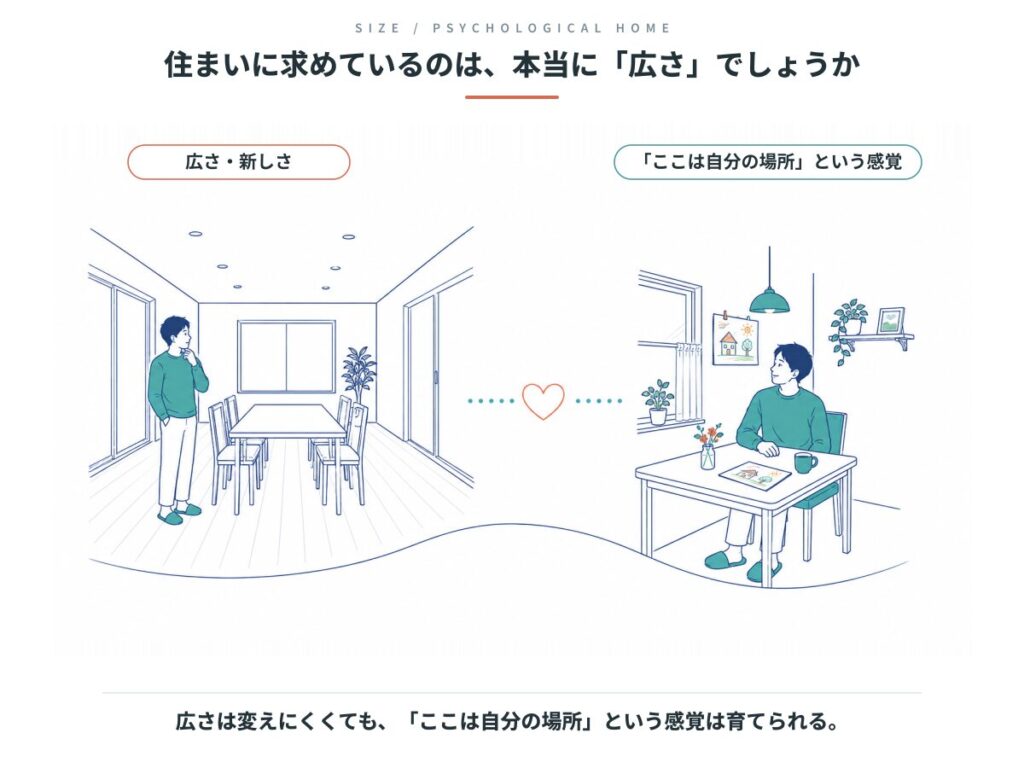 広さや新しさと、「ここは自分の場所だ」という感覚を並べた対比図