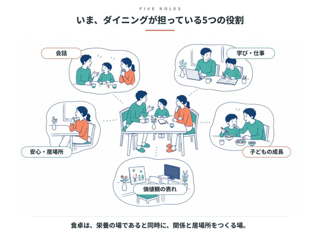会話、学びと仕事、安心と居場所、子どもの成長、価値観の表れという5つの役割