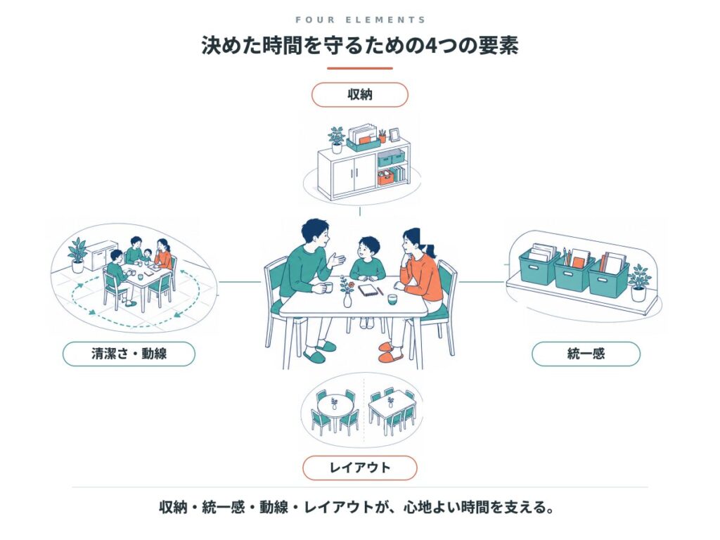 収納、統一感、清潔さと動線、レイアウトの4つが食卓を囲む図