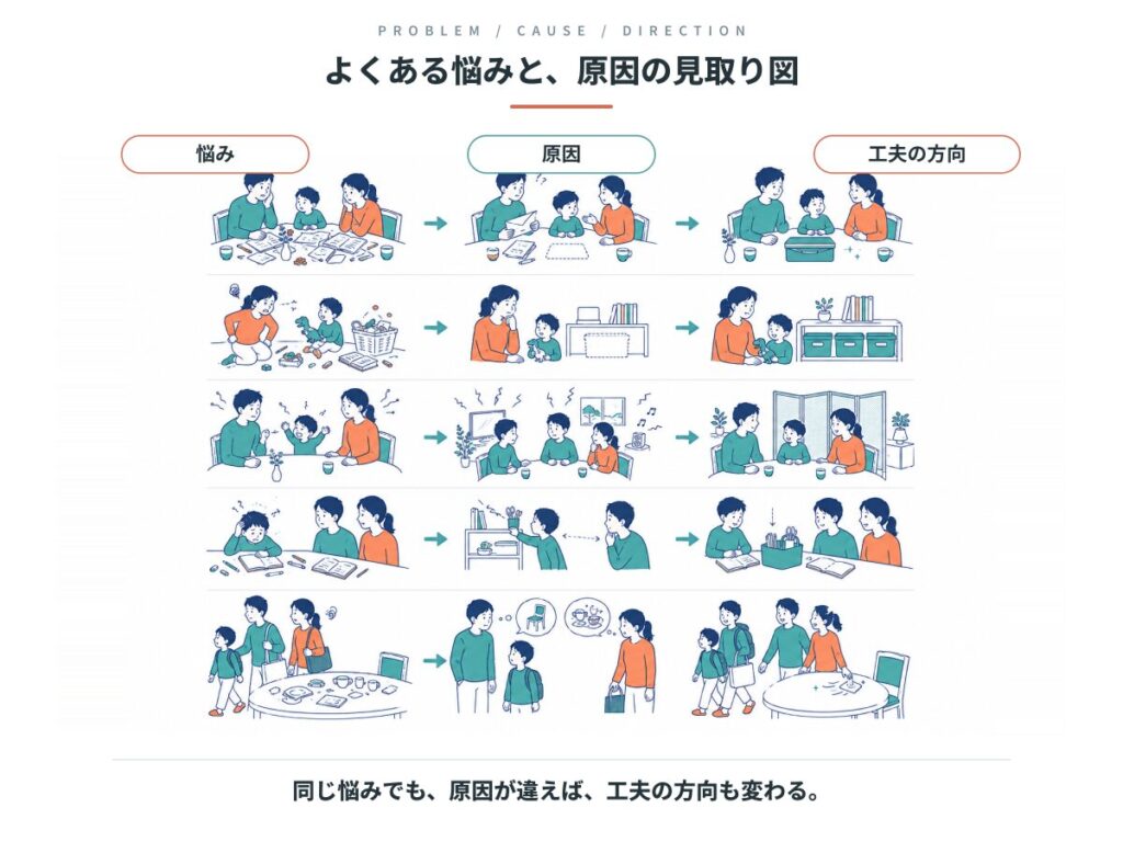 5つの悩みについて、原因と工夫の方向を並べた見取り図