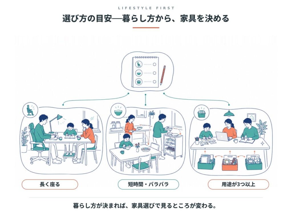 長く座る、短時間でバラバラ、用途が3つ以上、という3つの暮らし方と見るところ