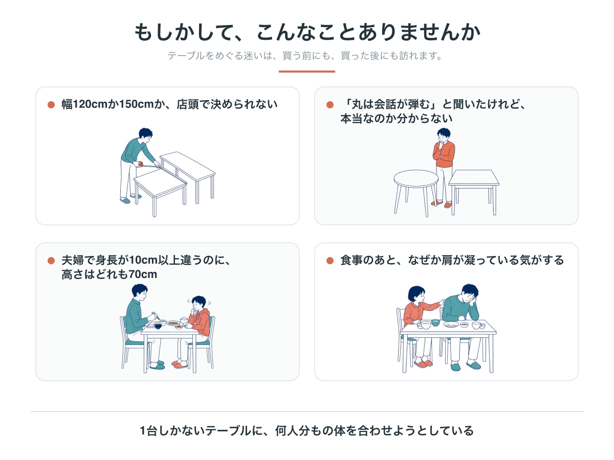 テーブルをめぐる4つの迷い。幅120cmか150cmか店頭で決められない、「丸は会話が弾む」の根拠が分からない、夫婦で身長が10cm以上違うのに高さはどれも70cm、食事のあとなぜか肩が凝る