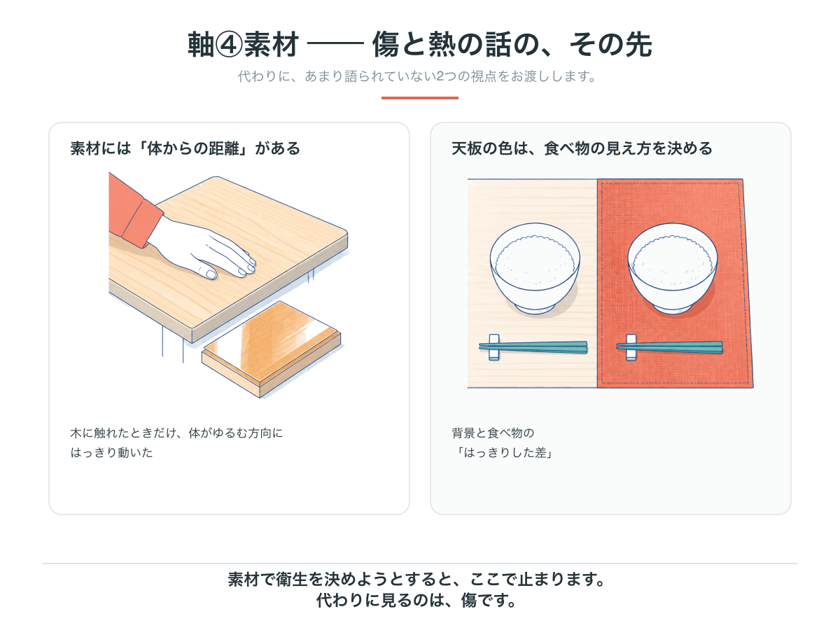 素材を見る2つの視点。木に触れたときだけ体がゆるむ方向にはっきり動いたという測定と、背景と食べ物のはっきりした差が食べる量を変えるという調査。衛生は素材ではなく傷で決まる