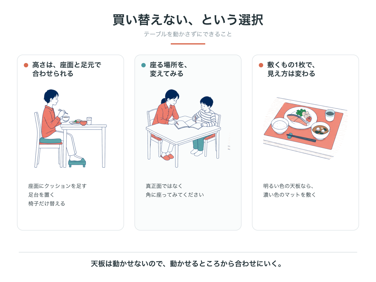 テーブルを動かさずにできる3つのこと。高さは座面にクッションを足す・足台を置く・椅子だけ替えるで合わせる、座る場所を真正面から角に変える、明るい色の天板に濃い色のマットを敷く