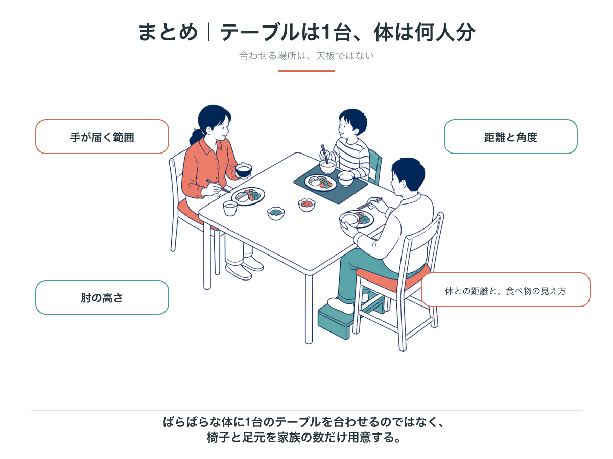 まとめの図。テーブルは1台、体は何人分。手が届く範囲、距離と角度、肘の高さ、体との距離と食べ物の見え方の4点と、椅子と足元を家族の数だけ用意するという結論