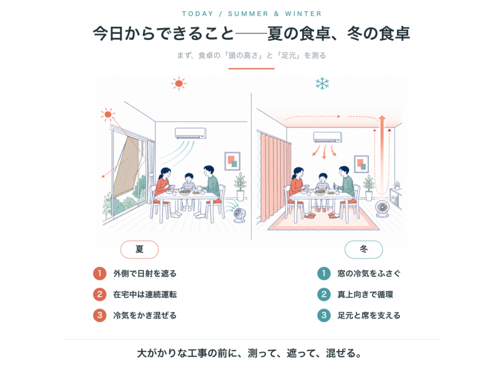夏の日射遮蔽と冷気の循環、冬のカーテンと暖気の循環を示す実践例