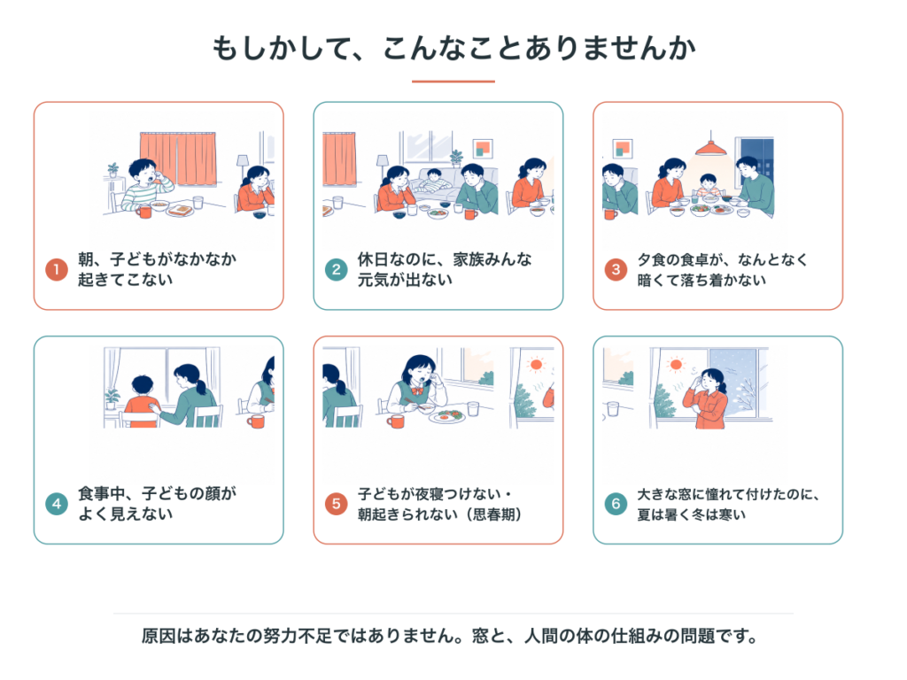 ダイニングの窓に関係する6つの暮らしの困りごと。朝起きられない、休日に元気が出ない、夕食の食卓が暗い、子どもの顔が見えない、思春期の睡眠、大きな窓の暑さ寒さ