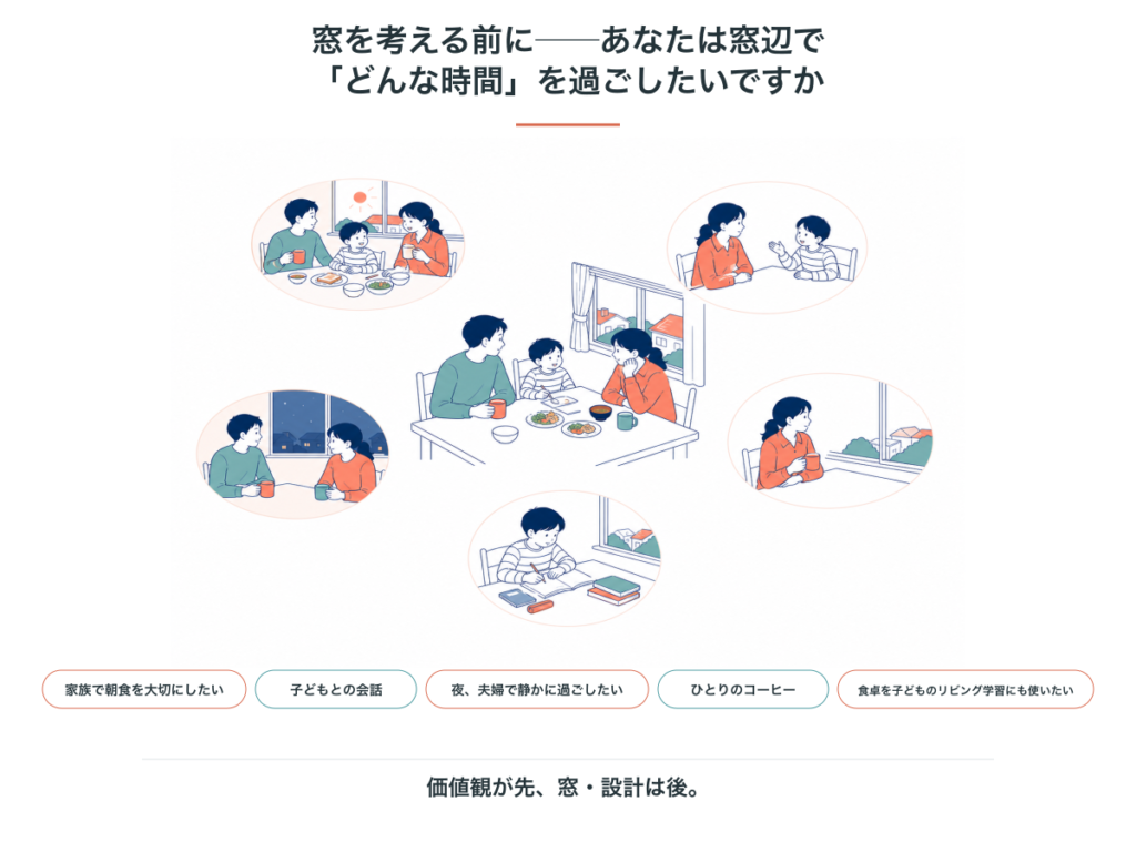窓を決める前に考えたい、ダイニングで大切にしたい5つの時間。家族の朝食、子どもとの会話、夜の夫婦の時間、ひとりのコーヒー、子どものリビング学習
