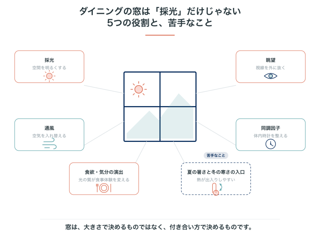 窓の5つの役割(採光、通風、眺望、体内時計の同調因子、食欲と気分の演出)と、苦手なこととしての熱の出入り