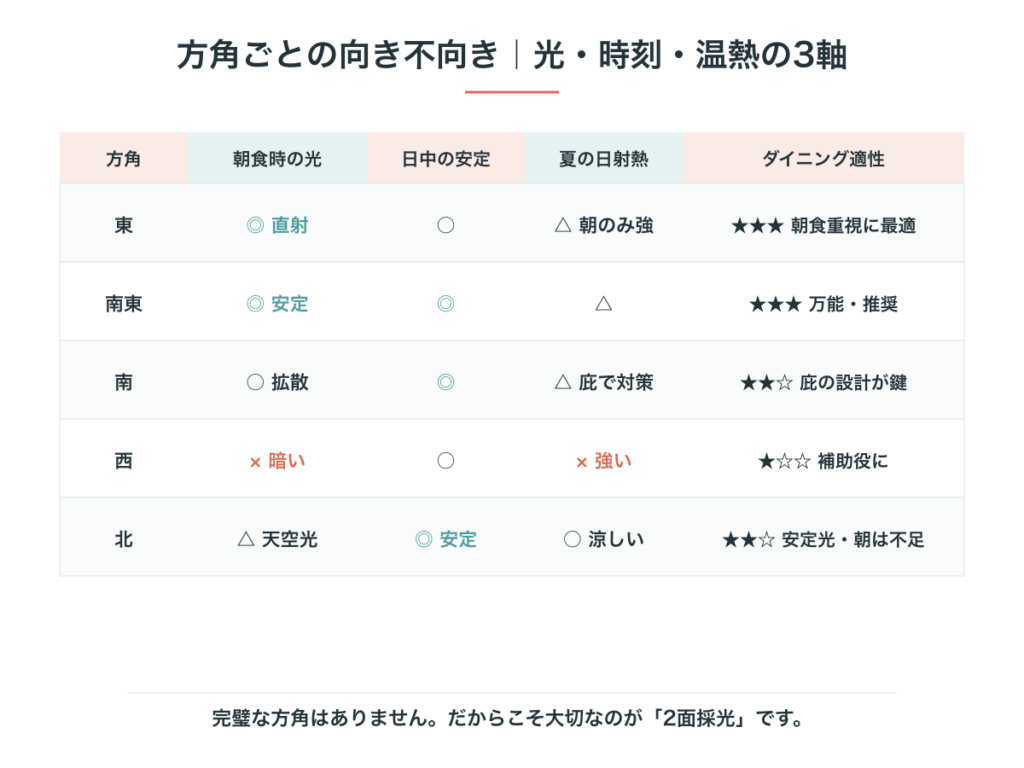 東、南東、南、西、北の窓を、朝食時の光、日中の安定、夏の日射熱、ダイニング適性で比較した表