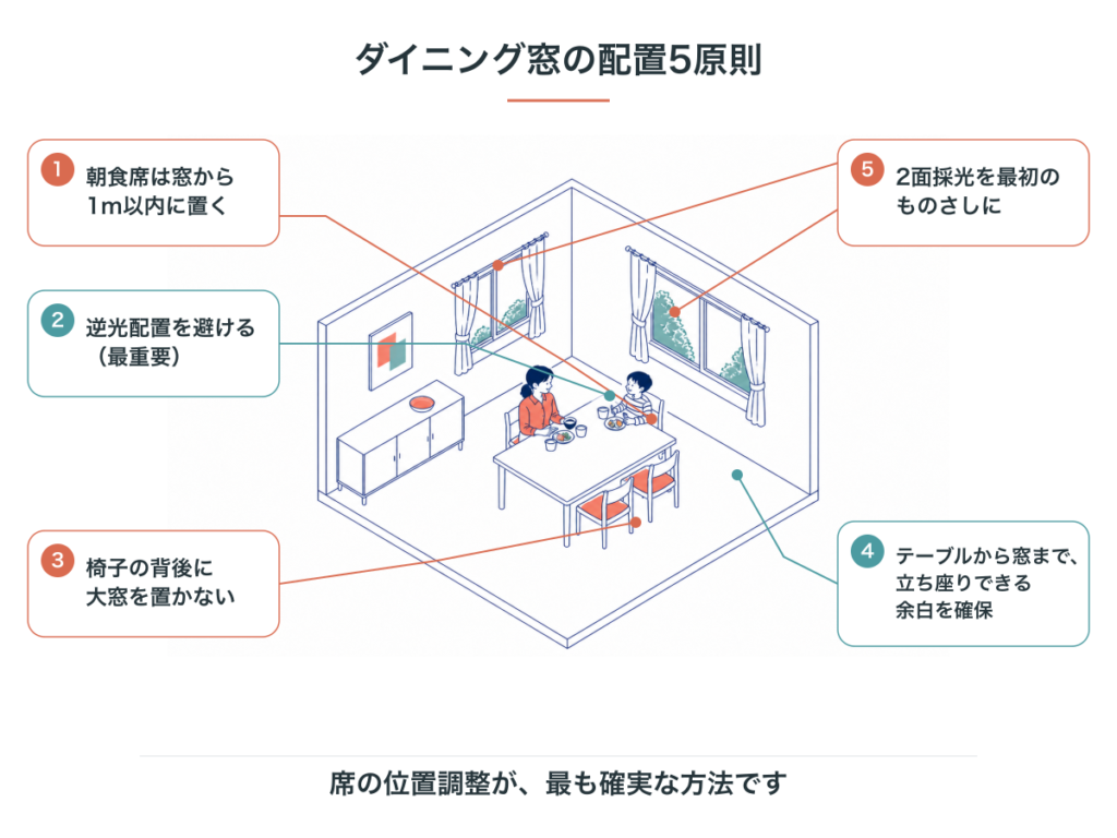 ダイニング窓の配置5原則。朝食席は窓から1m以内、逆光配置を避ける、椅子の背後に大窓を置かない、立ち座りできる余白、2面採光