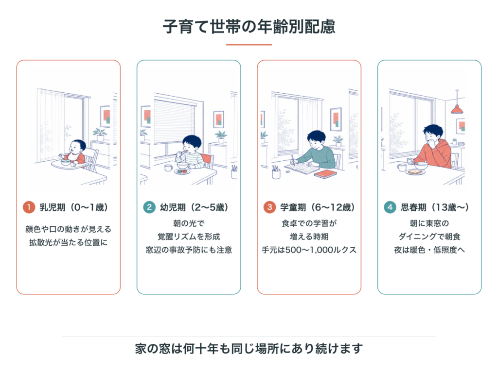 乳児期、幼児期、学童期、思春期に合わせたダイニングの光環境の考え方