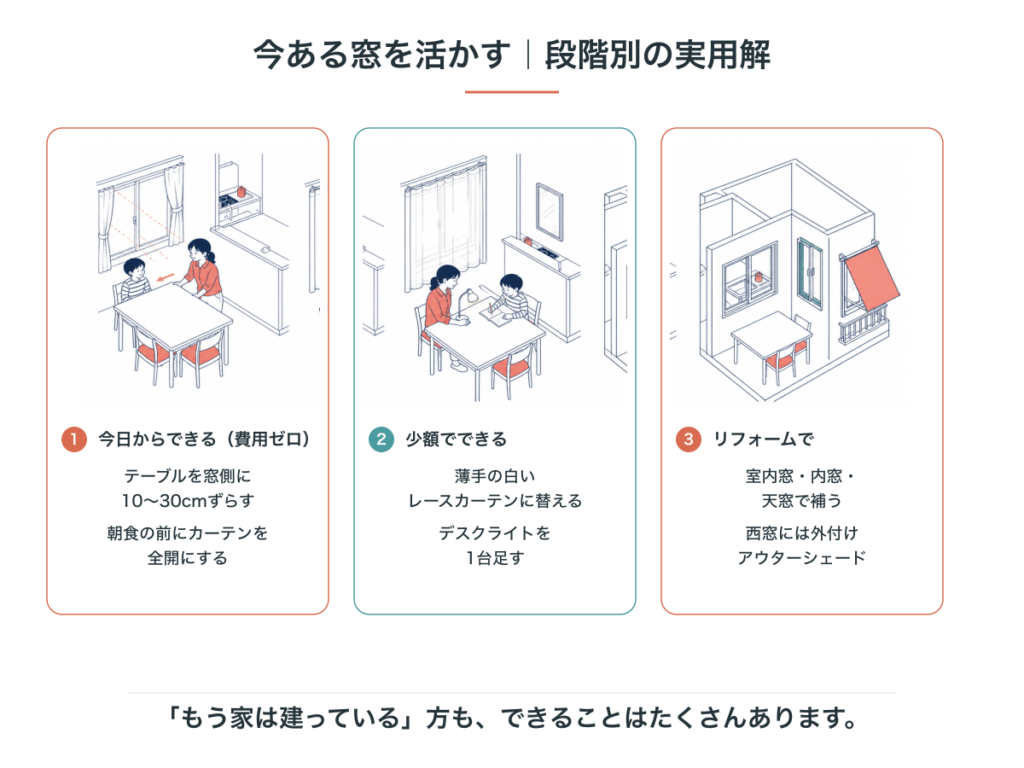 今ある窓を活かす3段階。費用ゼロでできること、少額でできること、リフォームでできること