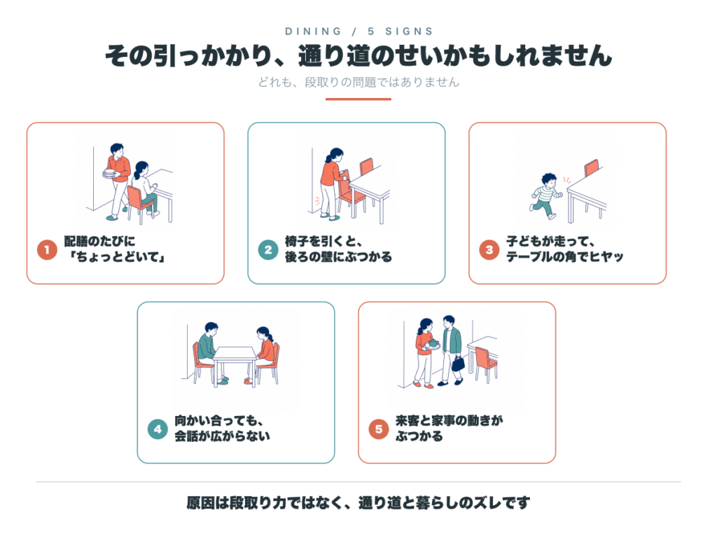 ダイニングで動線が引っかかる5つの場面。配膳のたびに家族の後ろを通る、椅子を引くと壁に当たる、子どもが走ってテーブルの角でヒヤッとする、向かい合っても会話が広がらない、来客と家事の動きがぶつかる