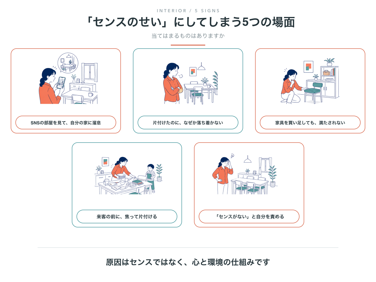 SNSと見比べて溜息、片付けたのに落ち着かない、家具を買い足しても満たされない、来客前に焦って片付ける、センスがないと自分を責める。5つの場面と、それぞれの読み替え