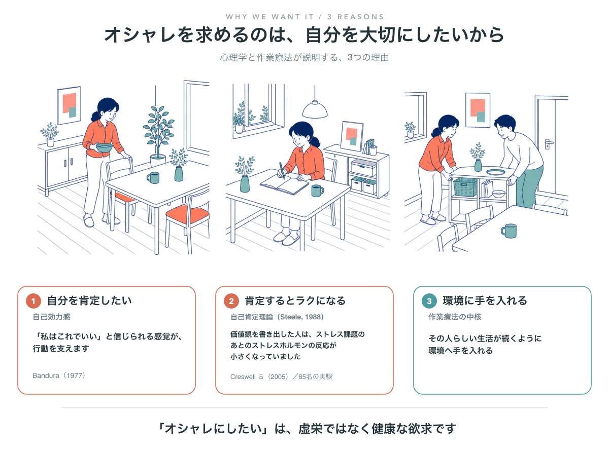 オシャレを求める3つの理由。自分を肯定したい（自己効力感・Bandura 1977）、肯定するとラクになる（自己肯定理論。価値観を書き出すとストレスホルモンの反応が小さくなった・Creswell 2005）、環境に手を入れる（作業療法の中核）