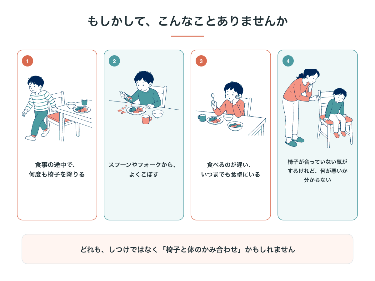 子どもの食事で気になる4つのサイン。食事の途中で何度も椅子を降りる、スプーンやフォークからよくこぼす、食べるのが遅い、椅子が合っているか分からない