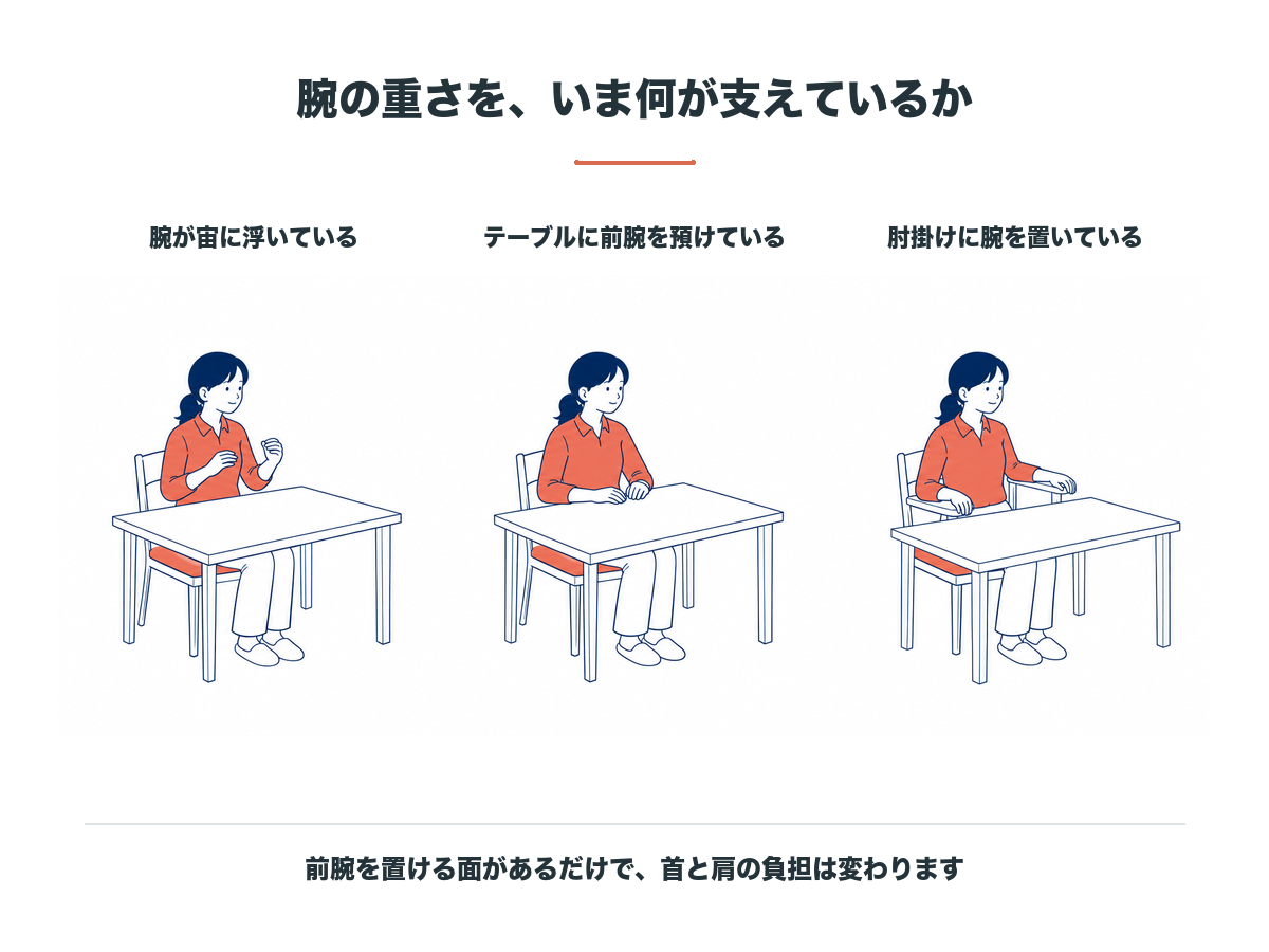 腕の重さを何が支えているかの3パターン比較。腕が宙に浮いている、テーブルに前腕を預けている、肘掛けに腕を置いている