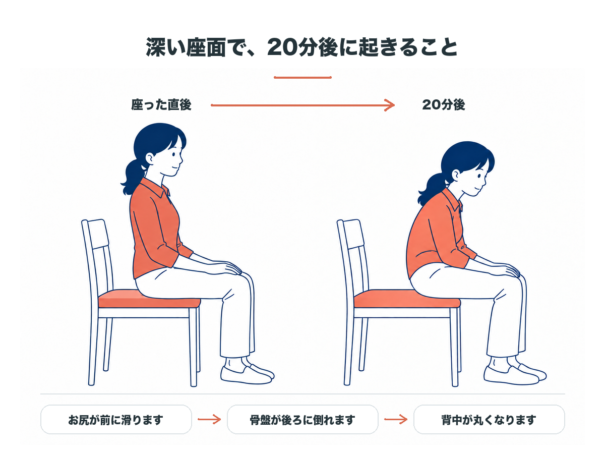 深い座面に座った直後と20分後の比較。お尻が前に滑り、骨盤が後ろに倒れ、背中が丸くなる