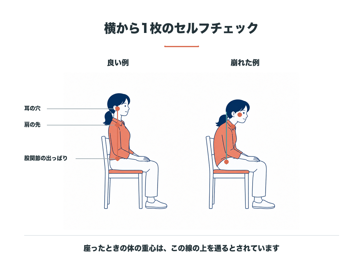 真横から見た座り姿勢の良い例と崩れた例。耳の穴、肩の先、股関節の出っぱりが縦に一直線に並んでいるかを見る