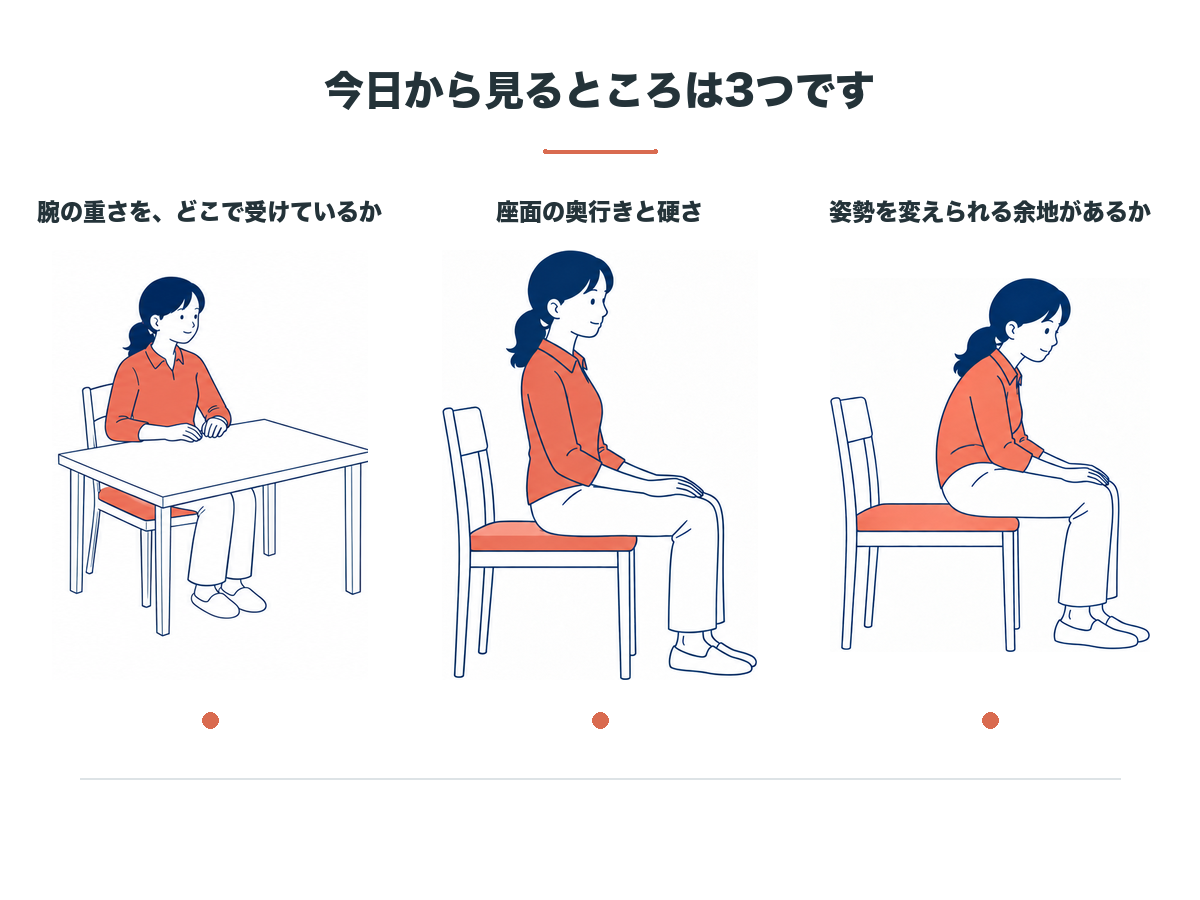 今日から見るところは3つ。腕の重さをどこで受けているか、座面の奥行きと硬さ、姿勢を変えられる余地があるか