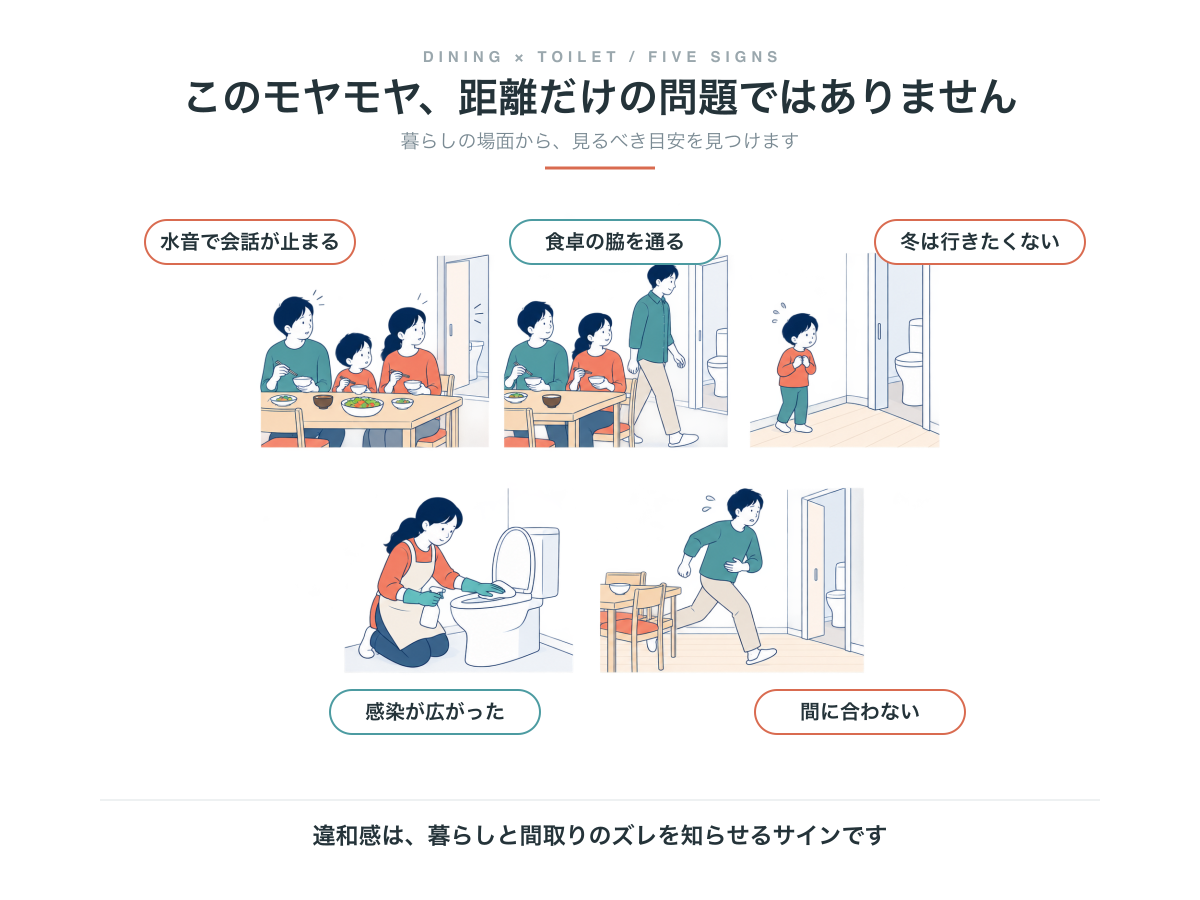 ダイニングとトイレの距離で起きる5つの場面。食事中の水音で会話が止まる、来客が食卓の脇を通る、冬の夜にトイレへ行きたがらない、家族に感染が広がる、食後すぐに間に合わない