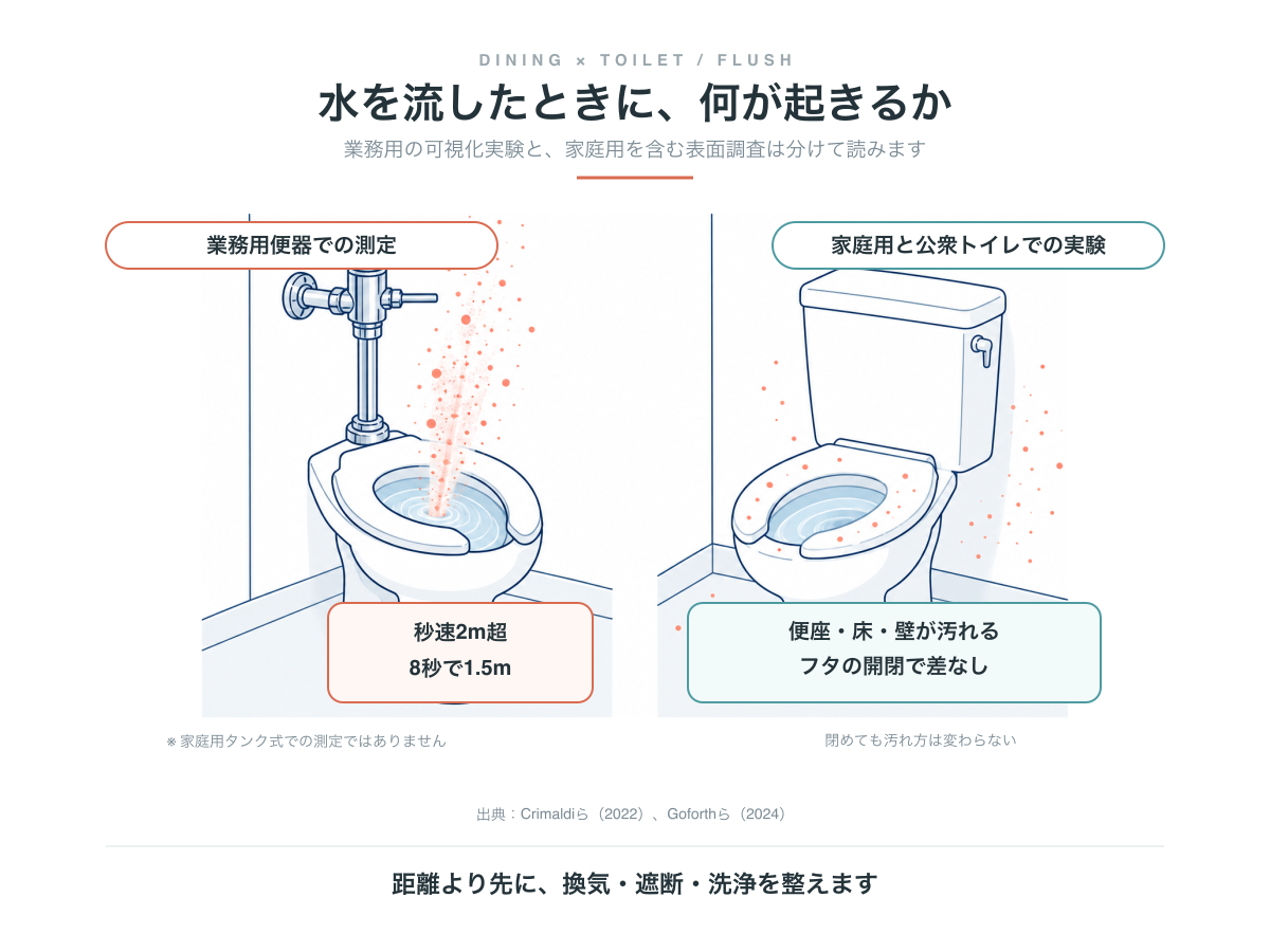 水を流したときに起きること。業務用便器での測定では秒速2m超で8秒のうちに高さ1.5mまで届く。家庭用と公衆トイレでの実験では便座・床・壁が汚れ、フタの開閉で汚れ方に差はなかった