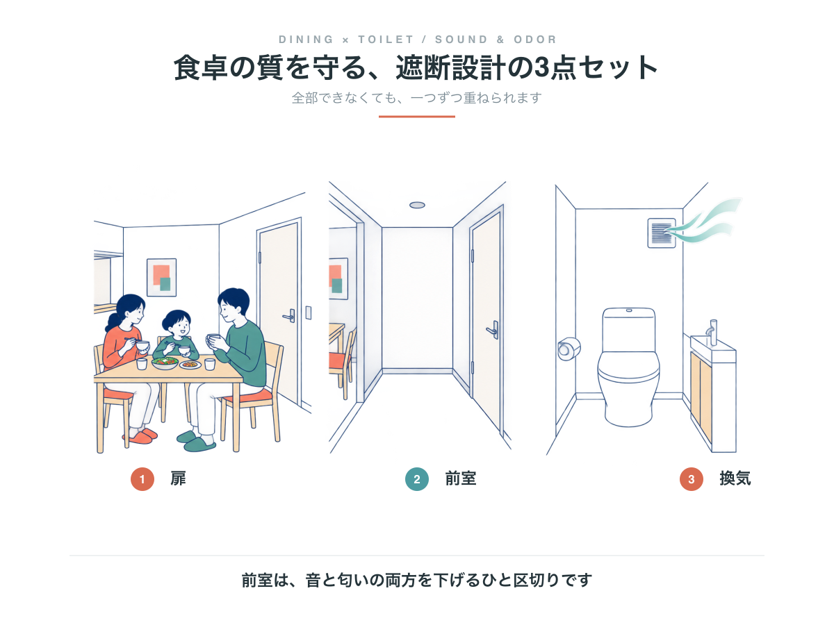 音と匂いを下げる遮断設計の3点セット。気密性の高い扉、廊下や小さな空間を挟む前室、止めない換気